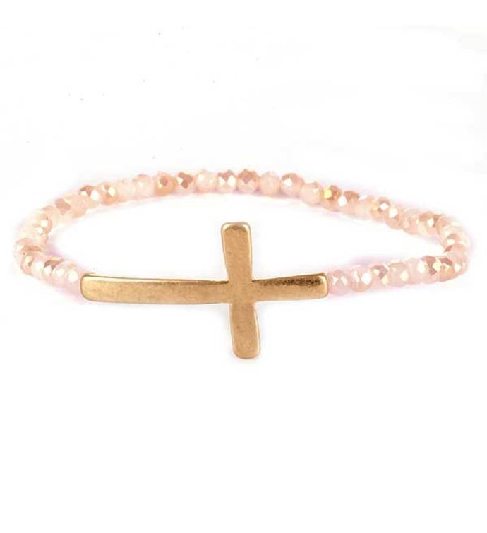 Gold Cross With Pink Crystal Stretch Bracelet