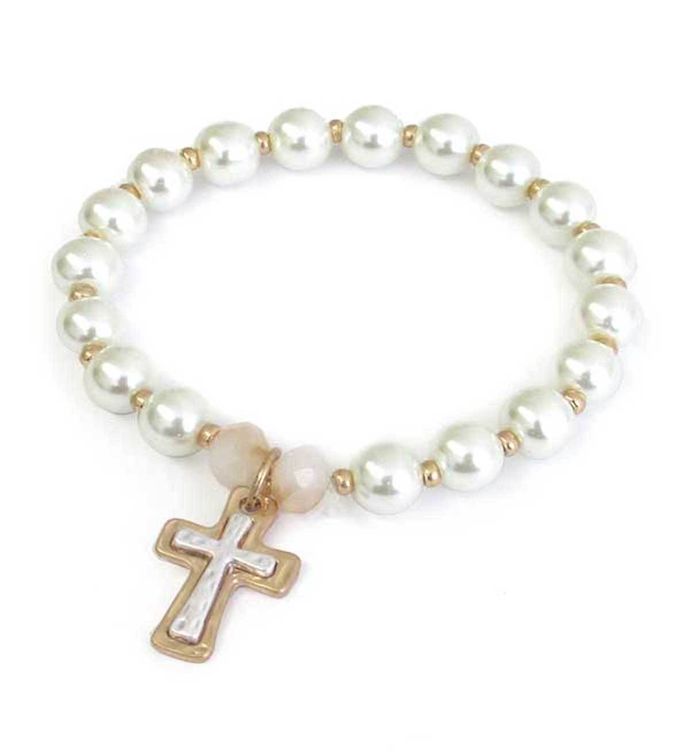 Cross Charm Pearl Bead Stretch Bracelet