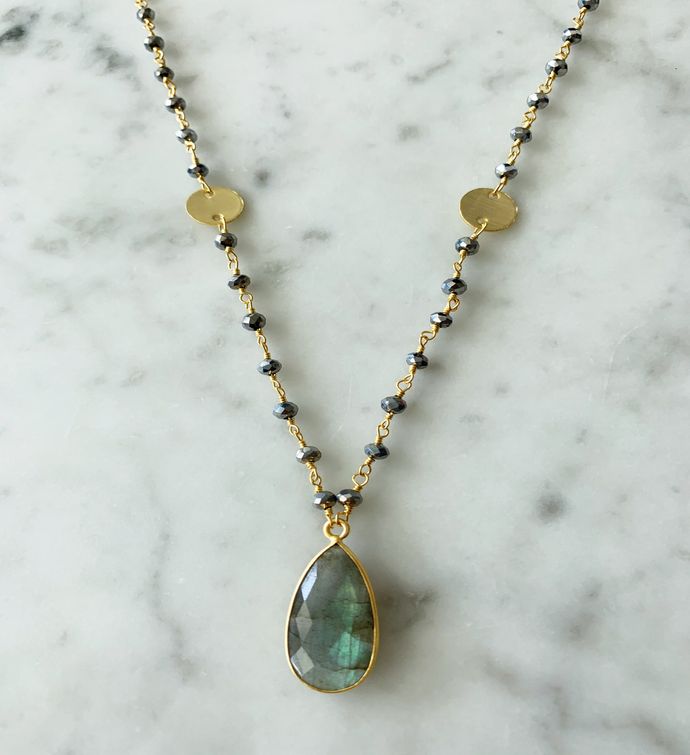 Balmy Nights Pendant Necklace Polished Pyrite With Labradorite Drop