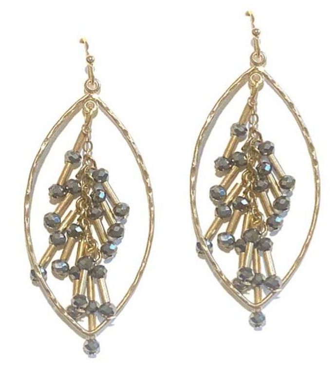 Grey Crystal Bead And Gold Metal Dangle Drop Oval Earring