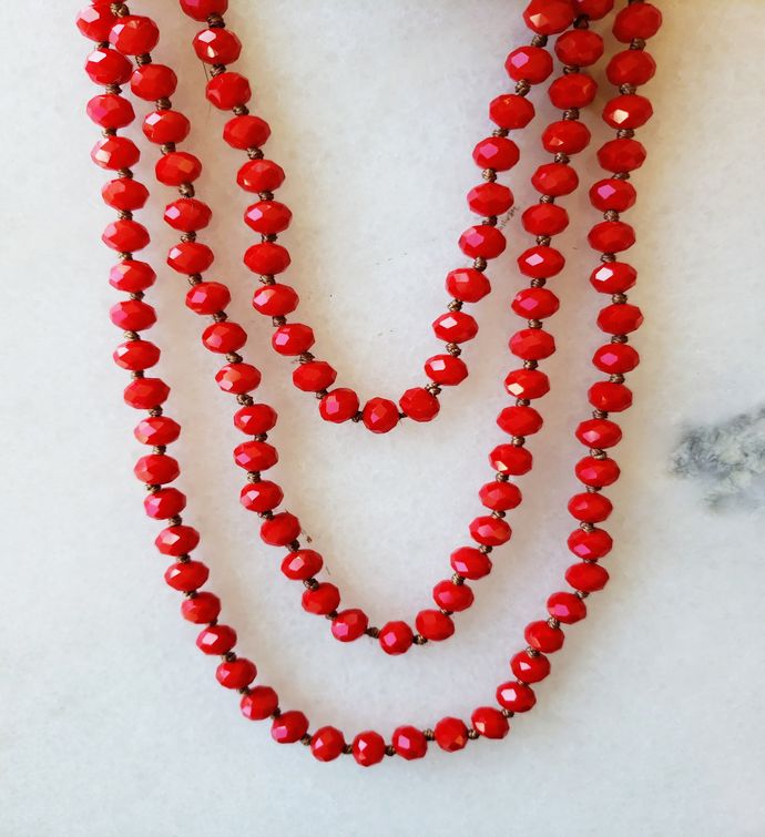 Bright Cherry Red Crystal Necklace Delicately Spaced With Decorative Knot