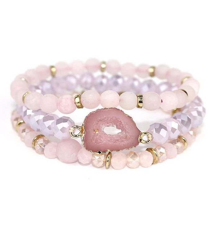 Pink Druzy And Crystal Bead Mix 3 Stretch Bracelet Set