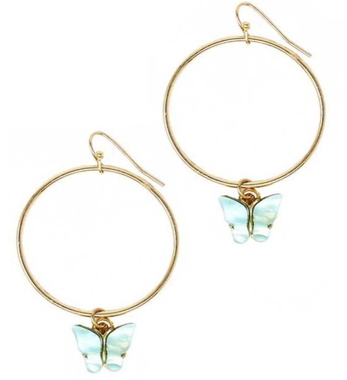 Blue Butterfly Charm Gold Hoop Earrings