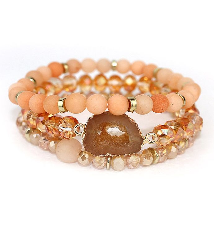 Orange Druzy With Coral Soap Stone Stretch Bracelet Set Of 3