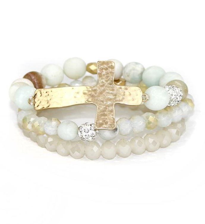 Soap Stone And Crystal With Cross 3 Stretch Bracelet Set
