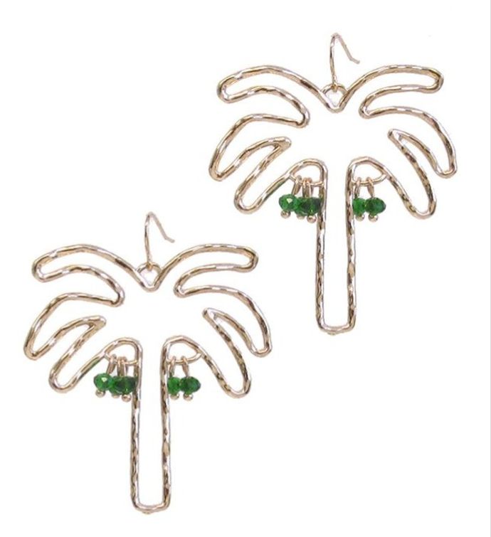 Gold Palm Tree With Green Crystal Earrings