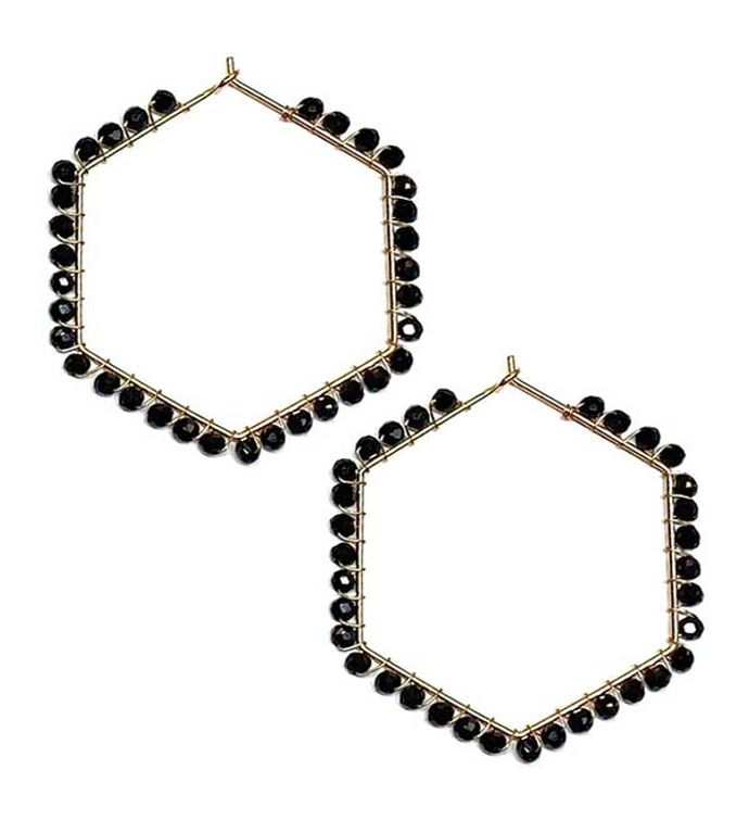 Black Multi Glass Bead Wire Hexagon Hoop Earring
