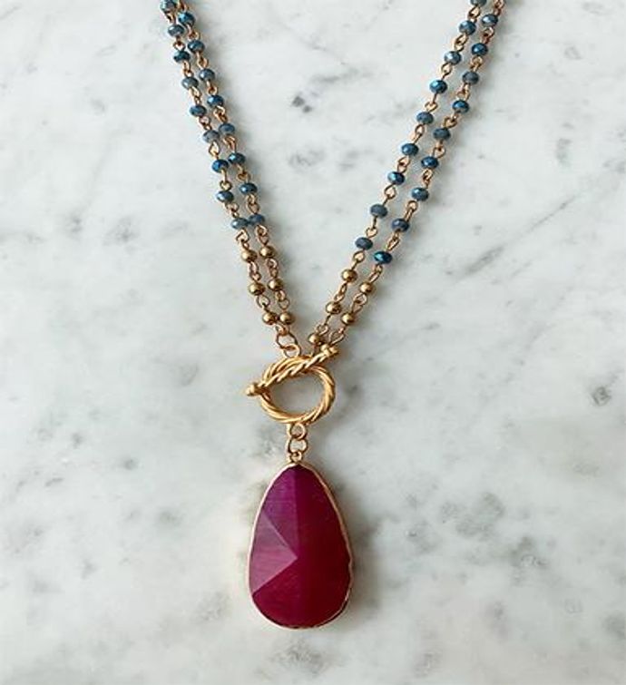 Royal Blue Crystal Layered Necklace With Natural Stone Ruby Drop