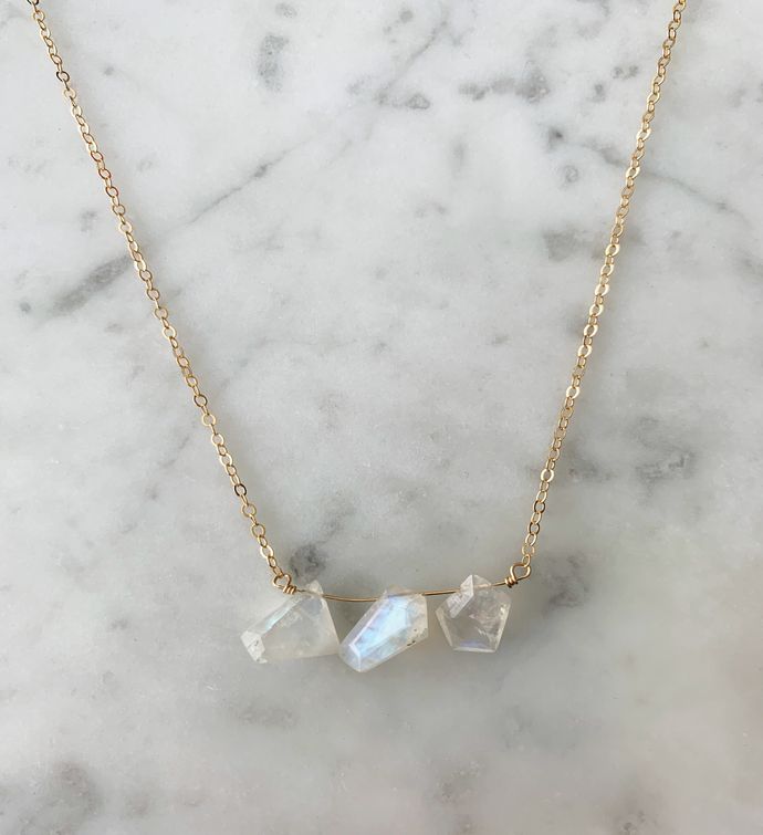 14k Gold Fill 3 Odd Stone Moonstone Bar Necklace