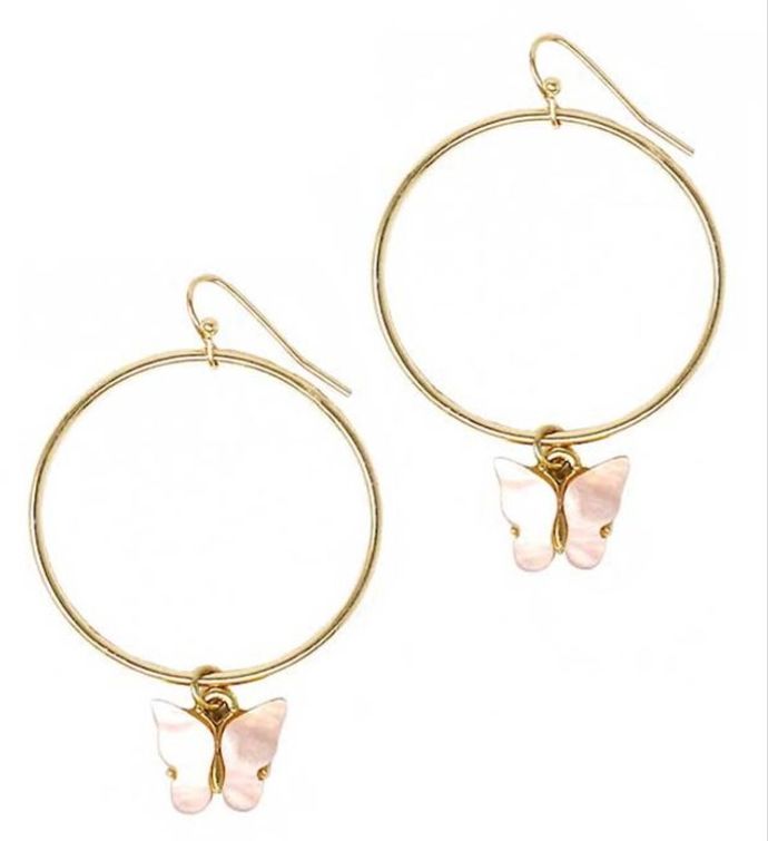 Pink Butterfly Charm Gold Hoop Earrings