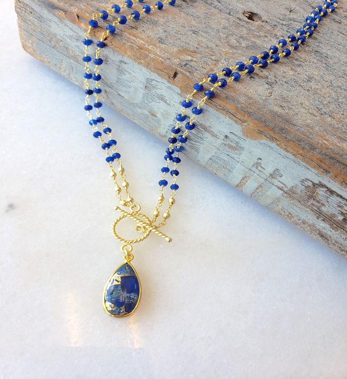 Double Lariat Necklace Sapphire Chain With Blue Mojave Turquoise