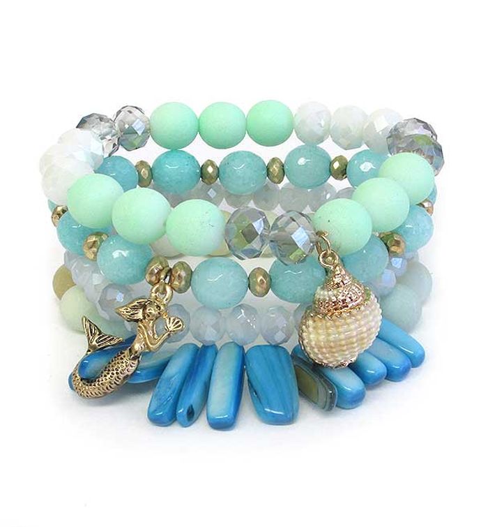 Sealife Natural Shell With Mermaid Charm Stretch Bracelet Set Of 4