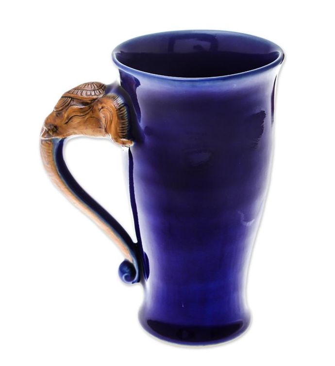 Novica Elephant Handle In Blue Celadon Ceramic Mug