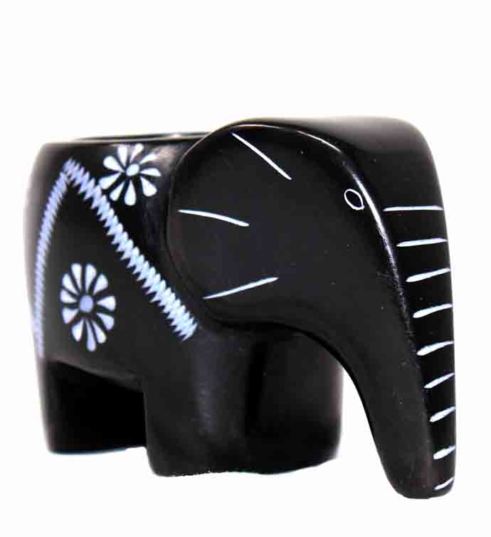 Elephant Soapstone Tea Light - Black Finish With Etch Design