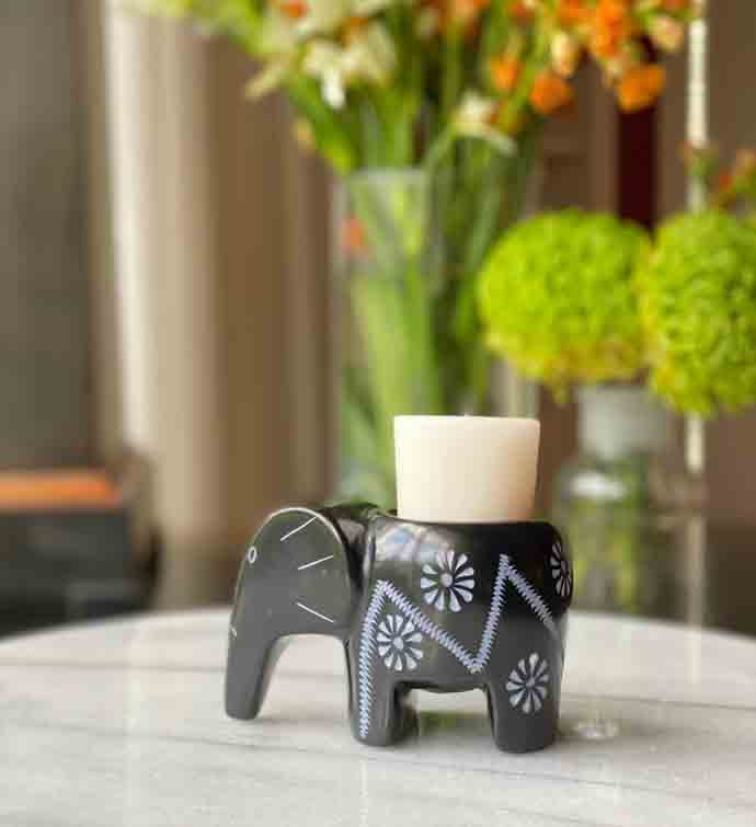 Elephant Soapstone Tea Light - Black Finish With Etch Design