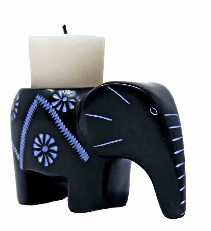 Elephant Soapstone Tea Light - Black Finish With Etch Design