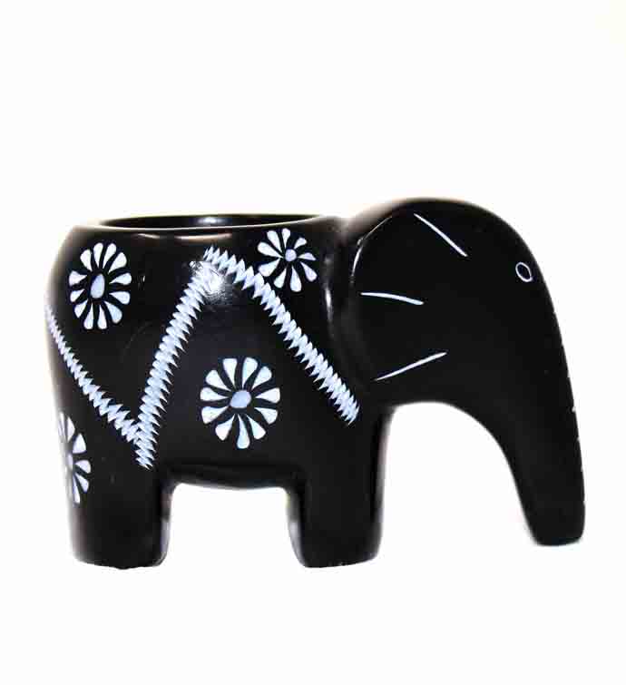 Elephant Soapstone Tea Light - Black Finish With Etch Design