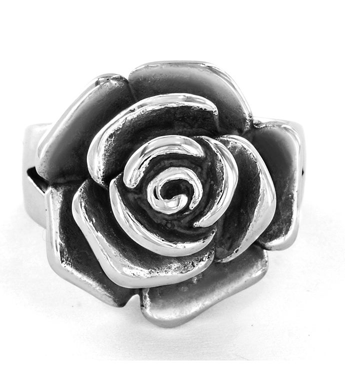 Stainless Steel Blooming Antiqued Rose Ring