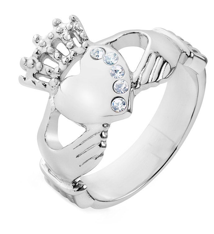 Women's Polished Crystals Stainless Steel Claddagh Ring