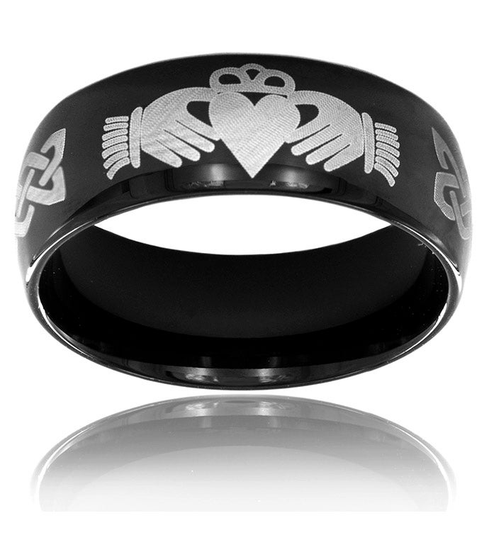 Men's Polished Black Plated Stainless Steel Claddagh Ring