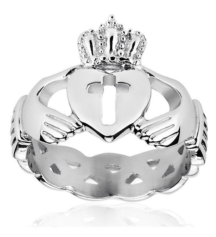 Cut Out Cross Celtic Knot Band Stainless Steel Claddagh Ring