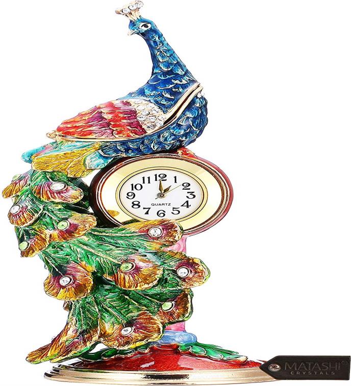 Matashi Peacock Trinket Box & Table Clock W/ Crystals