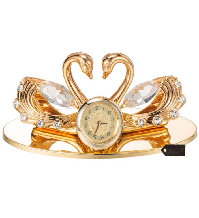 24k Gold Plated Loving Swans Figurine Table top Clock Ornament By Matashi