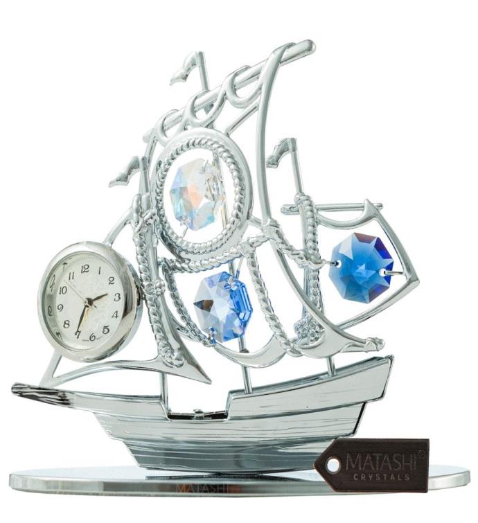 Matashi Chrome Plated Silver Sailboat Tabletop Ornament With Clock