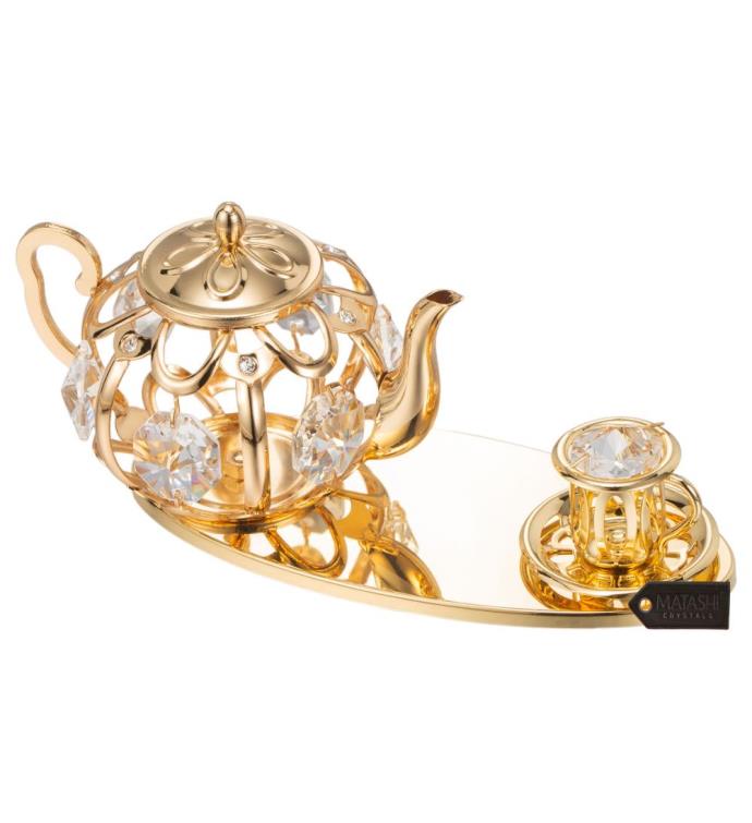 24k Gold Plated Crystal Studded Gold Tea Set Ornament By Matashi