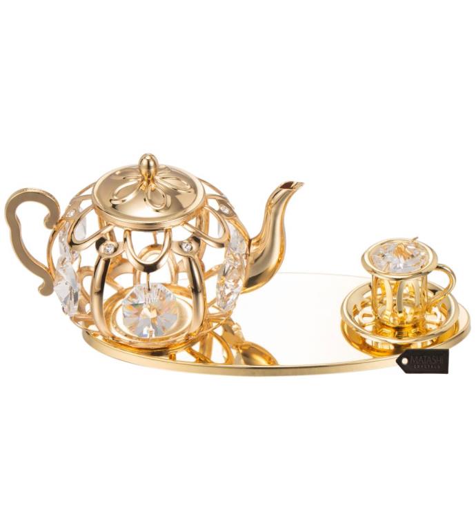 24k Gold Plated Crystal Studded Gold Tea Set Ornament By Matashi