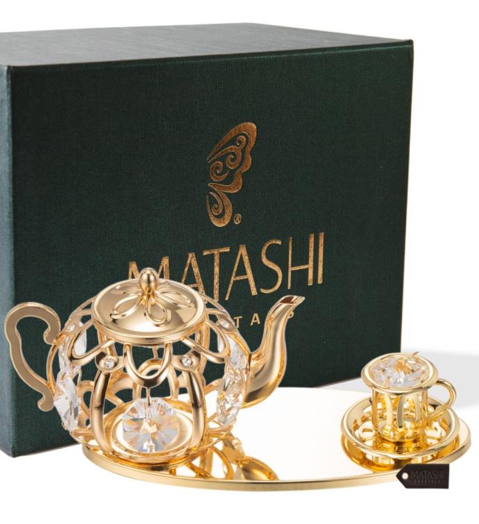 24k Gold Plated Crystal Studded Gold Tea Set Ornament By Matashi