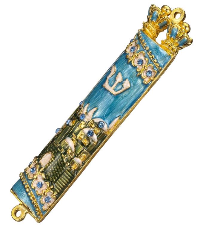 Hand Painted Blue & Green Enamel Mezuzah With Jerusalem City Design