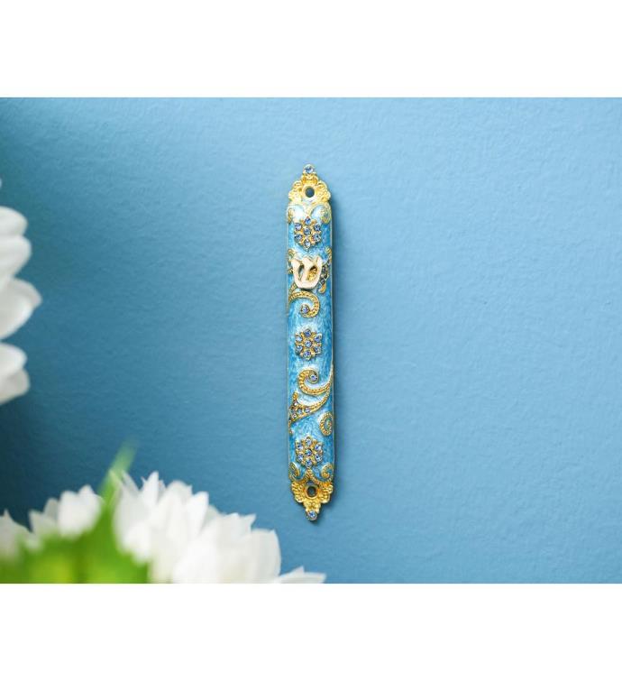 4.5" Hand Painted Enamel Mezuzah Embellished W/ A Rich Blue Judaica Design