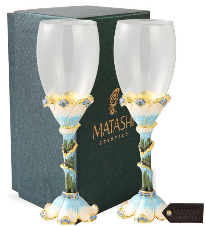 Matashi 2 Set Long Stem Wine Glass Hand Painted Stemware Flower Petal Base