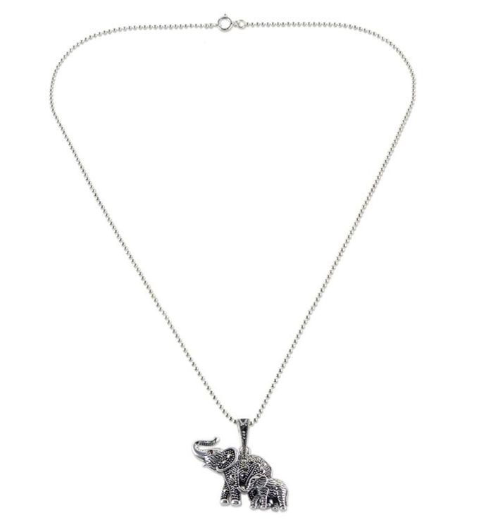 Novica Glittering Elephants Garnet And Marcasite Pendant Necklace ...