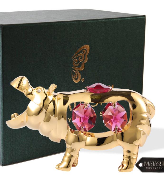 24k Gold Plated Crystal Studded Open Mouth Hippo Ornament By Matashi