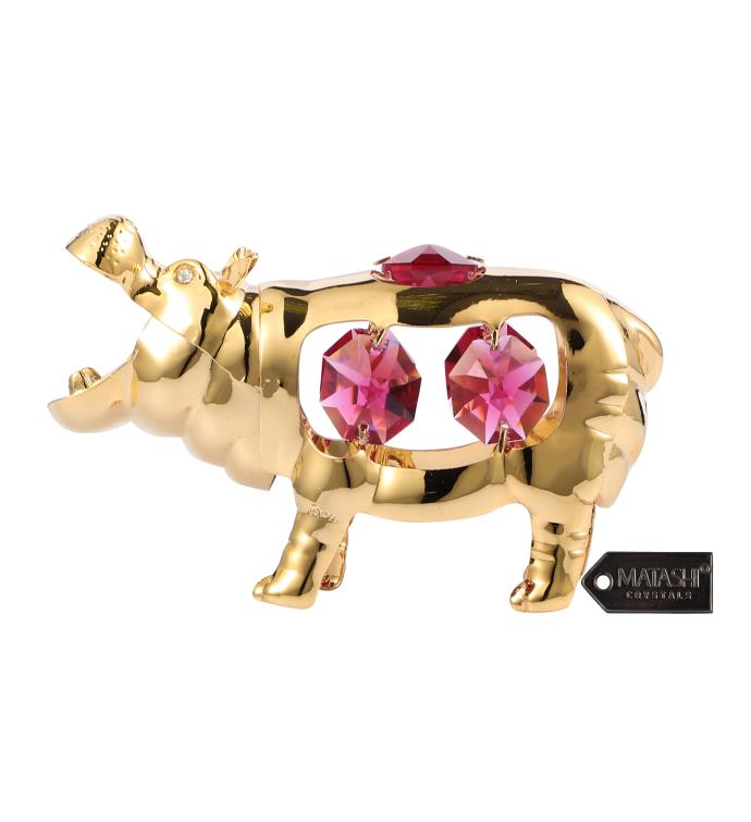 24k Gold Plated Crystal Studded Open Mouth Hippo Ornament By Matashi