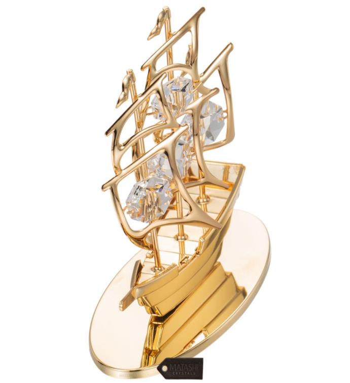 24k Gold Plated Crystal Studded Mayflower Sailing Ship Ornament By Matashi