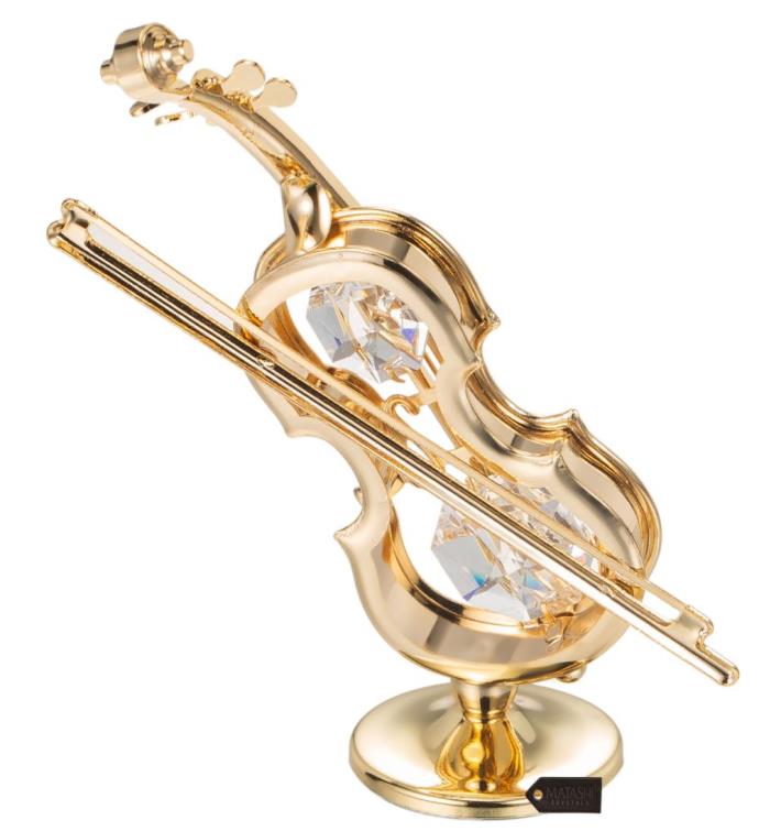 24k Gold Plated Crystal Studded Violin On A Stand Ornament By Matashi