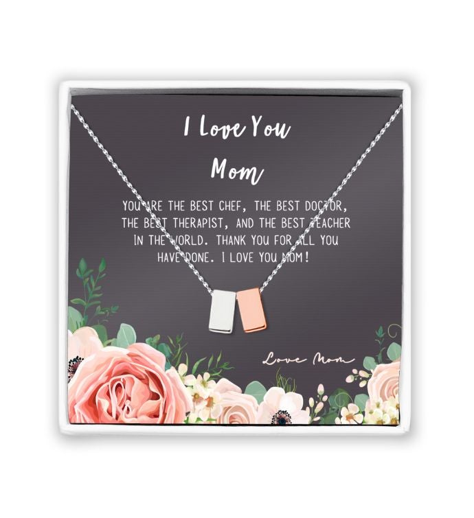 I Love You Mom Silver Rose Gold Cube Mother's Day Gift Necklace