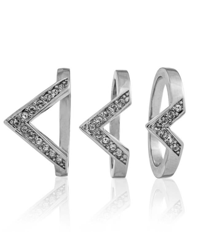 Set Of 3 18k White Gold Plated Ring W/ Elegant Triple V W/ Crystals