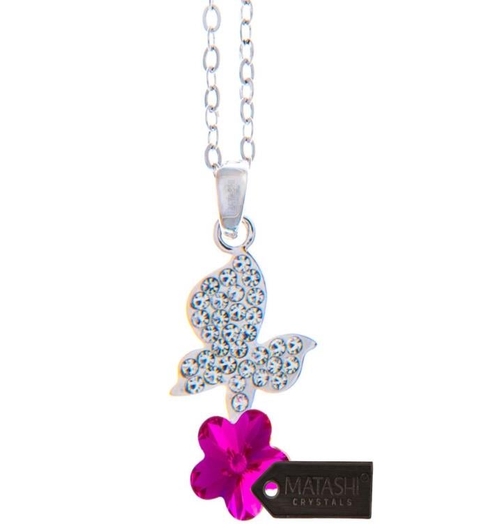 Matashi Rhodium Plated Necklace W/ Butterfly W/ 16" Chain 