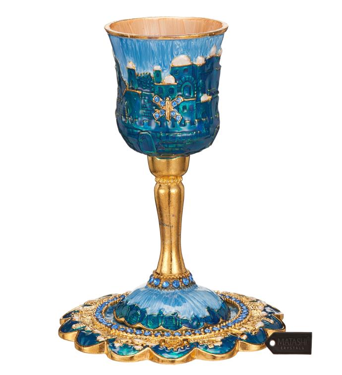 Matashi Hand painted Enamel Kiddush Cup Set With Stem And Tray