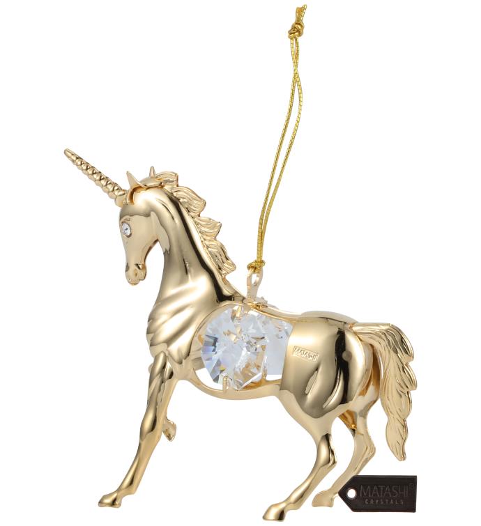 24k Gold Plated Crystal Studded Unicorn Ornament By Matashi