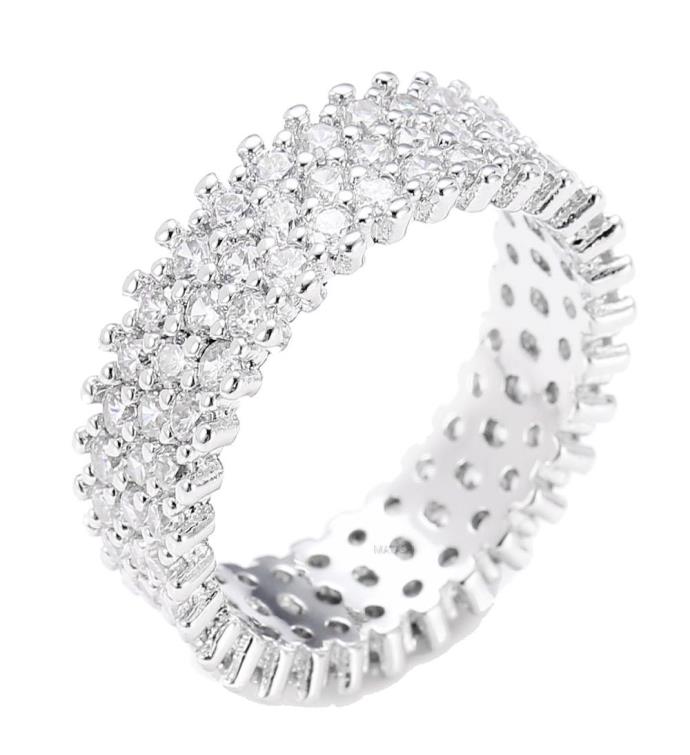 Rhodium Plated Wide 3 Row Eternity Ring Band W/ Cz Stones By Matashi