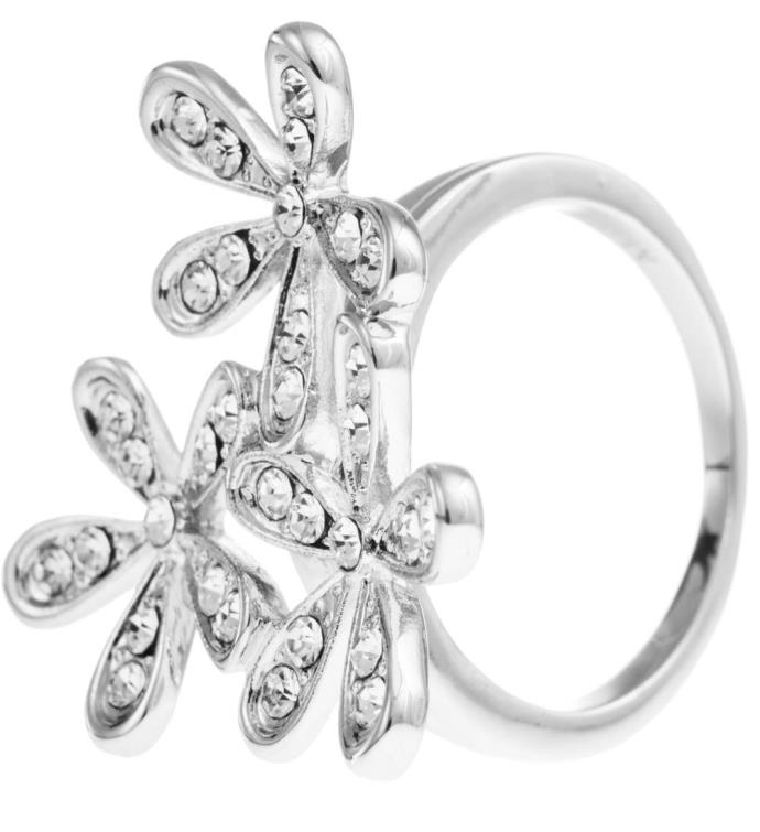 Rhodium Plated Ring /w Flower Bouquet Design & Crystals By Matashi