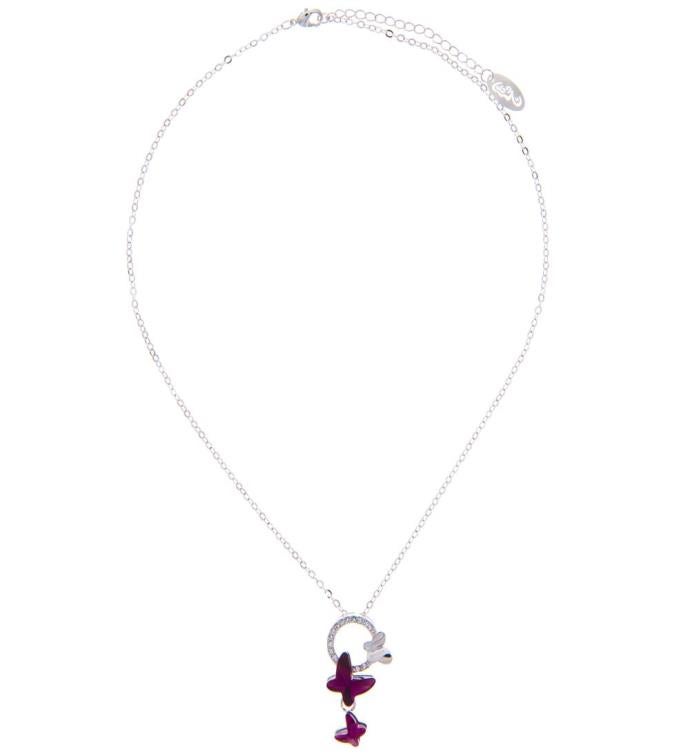 Matashi Rhodium Plated Necklace W Butterflies Design W 16" Chain & Crystals
