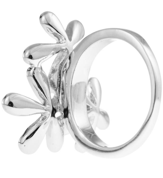 Rhodium Plated Ring /w Flower Bouquet Design & Crystals By Matashi