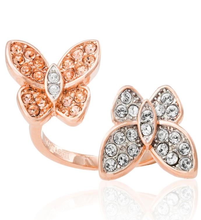 Rose Gold Plated Butterfly Ring W/ Clear, Rose Gold Crystal Stones