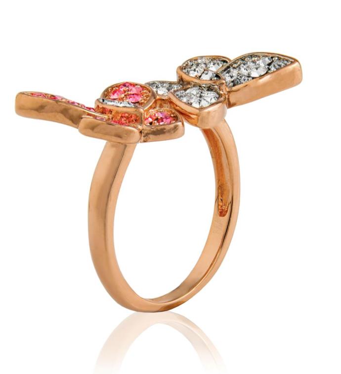 Rose Gold Plated Butterfly Ring W/ Clear, Pink Crystal Stones